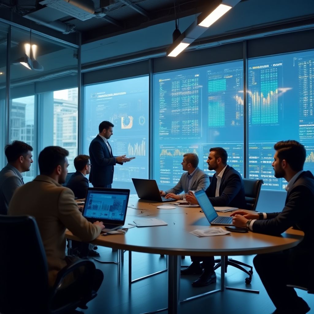 Equipo de consultores financieros en oficina moderna
